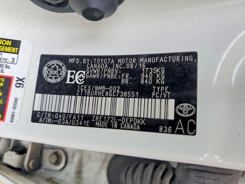 63366466 :رقم المزاد ، 2T1BURHE8GC738551 vin ، 2016 Toyota Corolla مزاد بيع