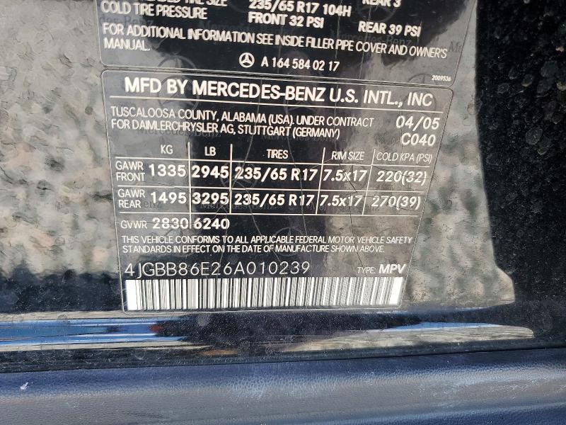 Aukcja sprzedaży 2006 Mercedes-benz Ml, vin: 4JGBB86E26A010239, numer aukcji: 65163636