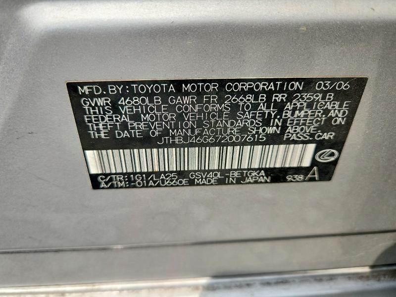 Aukcja sprzedaży 2007 Lexus Es 350, vin: JTHBJ46G672007615, numer aukcji: 64355656