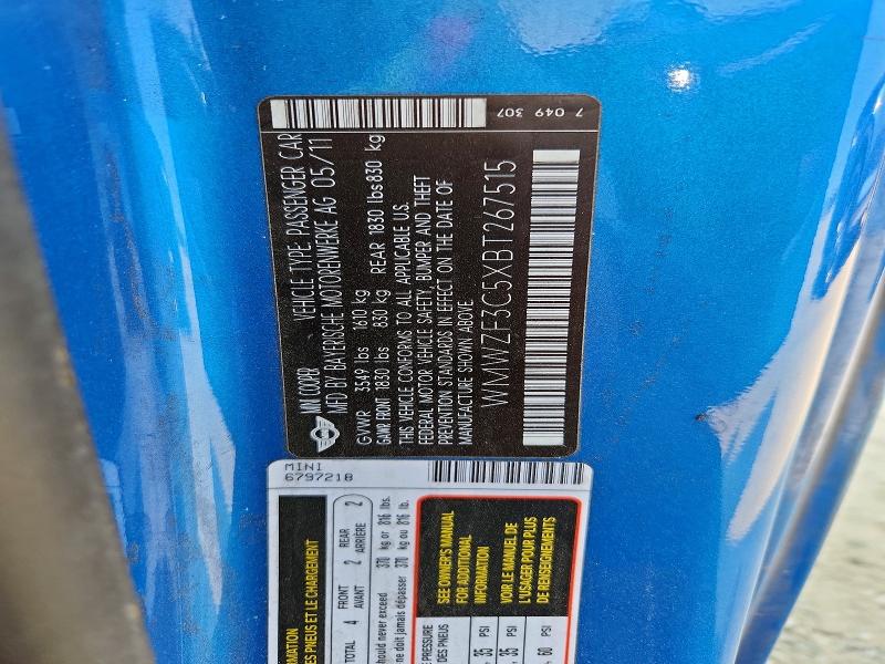 2011 Mini Cooper მანქანა იყიდება აუქციონზე, vin: WMWZF3C5XBT267515, აუქციონის ნომერი: 63618096