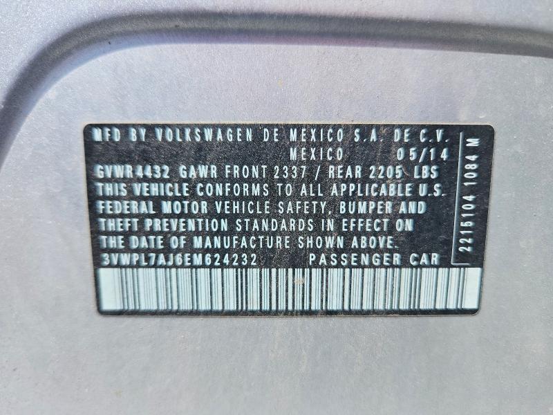 2014 Volkswagen Jetta მანქანა იყიდება აუქციონზე, vin: 3VWPL7AJ6EM624232, აუქციონის ნომერი: 66379336