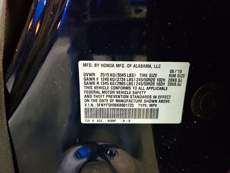 2019 Honda Pilot მანქანა იყიდება აუქციონზე, vin: 5FNYF5H96KB001725, აუქციონის ნომერი: 64311386