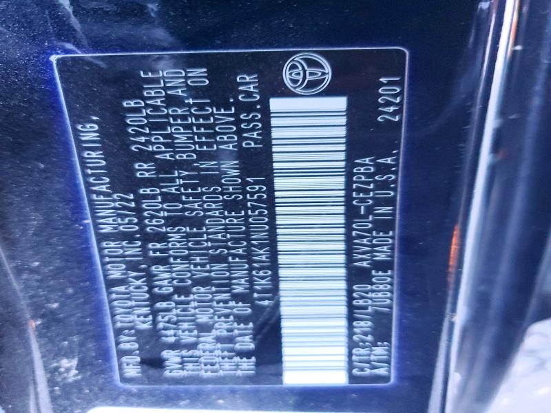 2022 Toyota Camry მანქანა იყიდება აუქციონზე, vin: 4T1K61AK1NU057591, აუქციონის ნომერი: 65465456