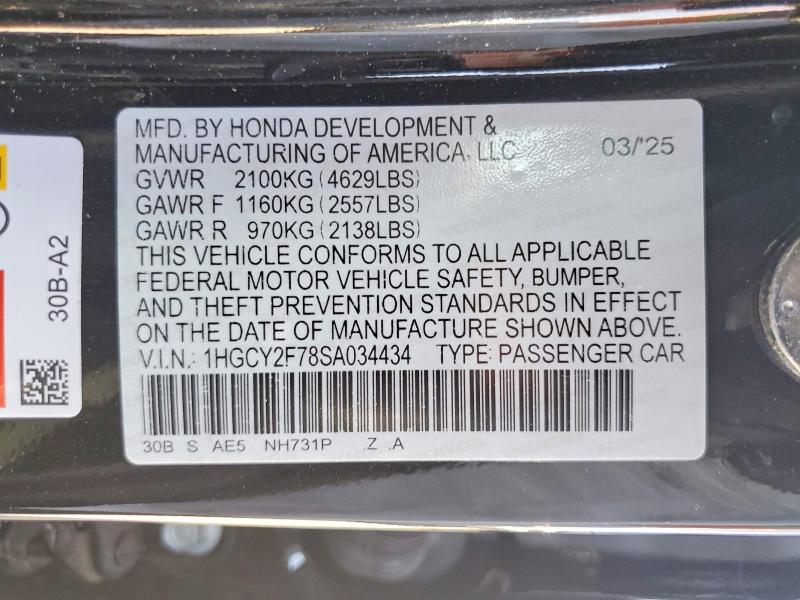 Aukcja sprzedaży 2025 Honda Accord, vin: 1HGCY2F78SA034434, numer aukcji: 64319476