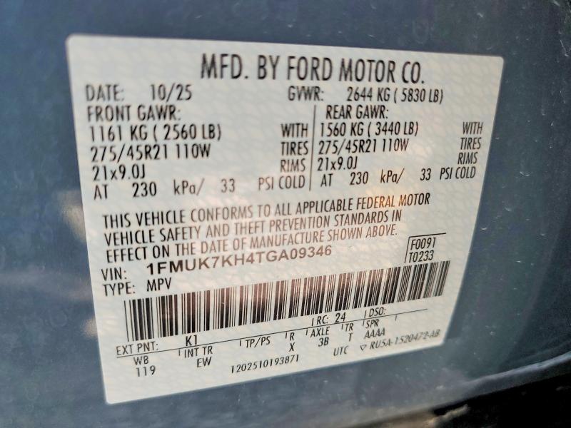 63992086 :رقم المزاد ، 1FMUK7KH4TGA09346 vin ، 2026 Ford Explorer مزاد بيع