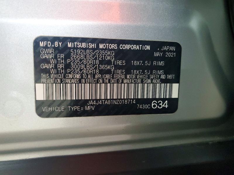 62980916 :رقم المزاد ، JA4J4TA81NZ018714 vin ، 2022 Mitsubishi Outlander مزاد بيع
