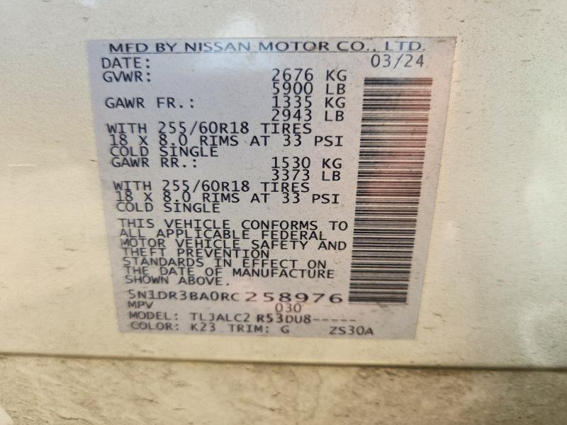 63713876 :رقم المزاد ، 5N1DR3BA0RC258976 vin ، 2024 Nissan Pathfinder مزاد بيع