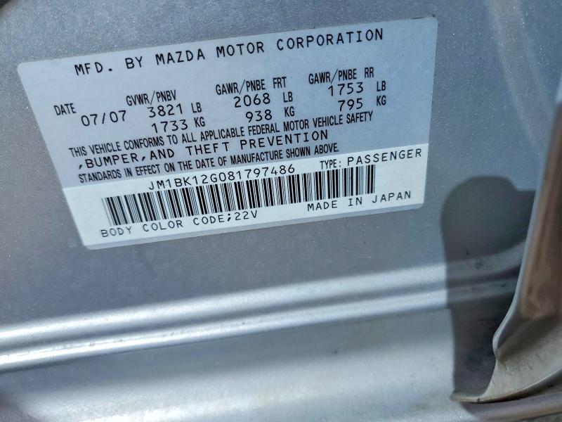65346986 :رقم المزاد ، JM1BK12G081797486 vin ، 2008 Mazda 3 مزاد بيع