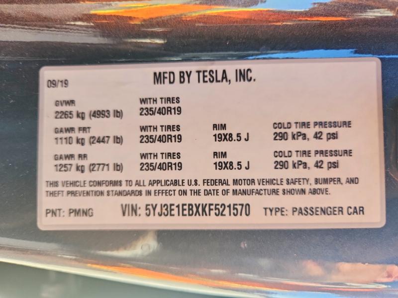 Aukcja sprzedaży 2019 Tesla Model 3, vin: 5YJ3E1EBXKF521570, numer aukcji: 66558836