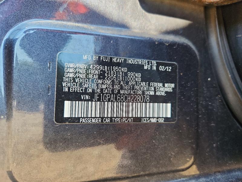 64435076 :رقم المزاد ، JF1GPAL68CH228078 vin ، 2012 Subaru Impreza مزاد بيع