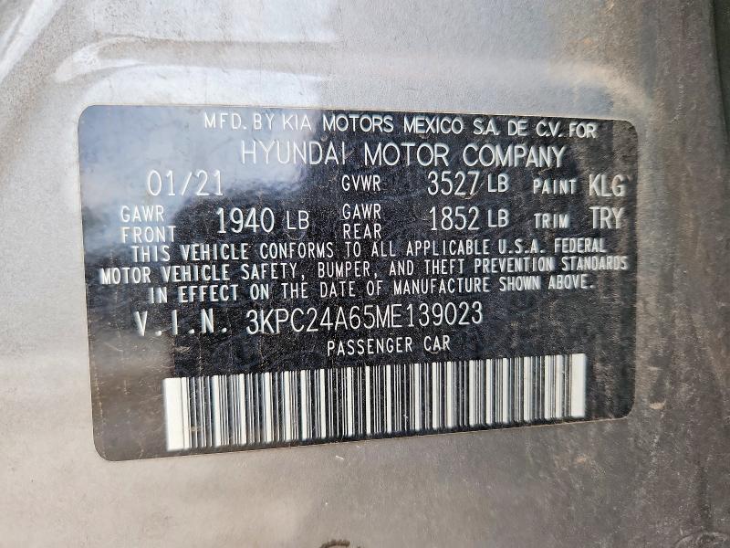 2021 Hyundai Accent მანქანა იყიდება აუქციონზე, vin: 3KPC24A65ME139023, აუქციონის ნომერი: 65236066
