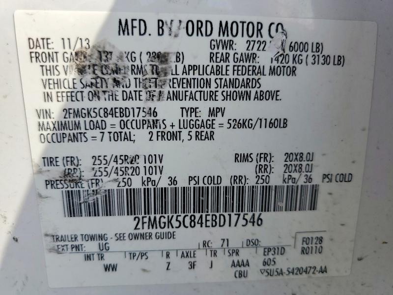 2014 Ford Flex მანქანა იყიდება აუქციონზე, vin: 2FMGK5C84EBD17546, აუქციონის ნომერი: 64257696
