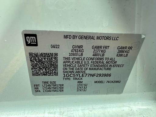 63353496 :رقم المزاد ، 1GC5YLE77NF293986 vin ، 2022 Chevrolet Silverado مزاد بيع