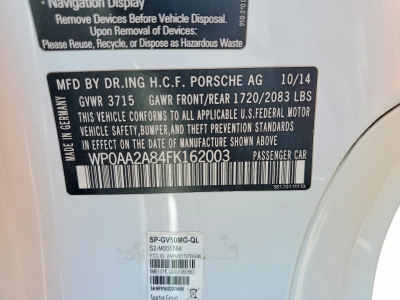 63954866 :رقم المزاد ، WP0AA2A84FK162003 vin ، 2015 Porsche Cayman مزاد بيع