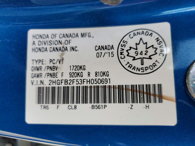 2015 Honda Civic მანქანა იყიდება აუქციონზე, vin: 2HGFB2F53FH050691, აუქციონის ნომერი: 64839766