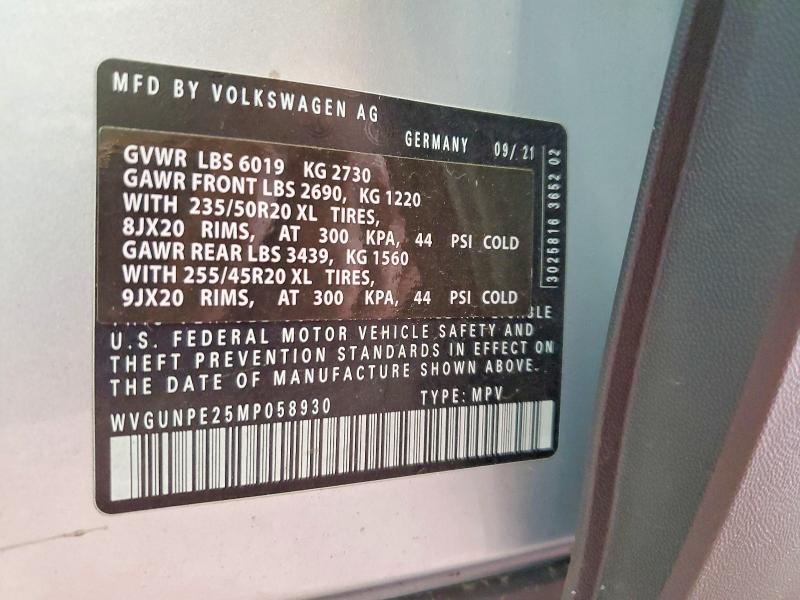 63536756 :رقم المزاد ، WVGUNPE25MP058930 vin ، 2021 Volkswagen Id.4 مزاد بيع