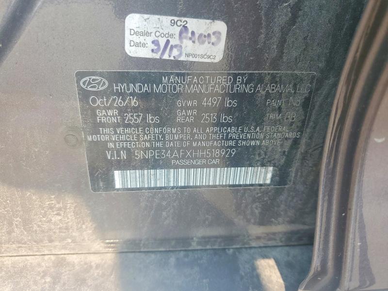 2017 Hyundai Sonata მანქანა იყიდება აუქციონზე, vin: 5NPE34AFXHH518929, აუქციონის ნომერი: 64901076