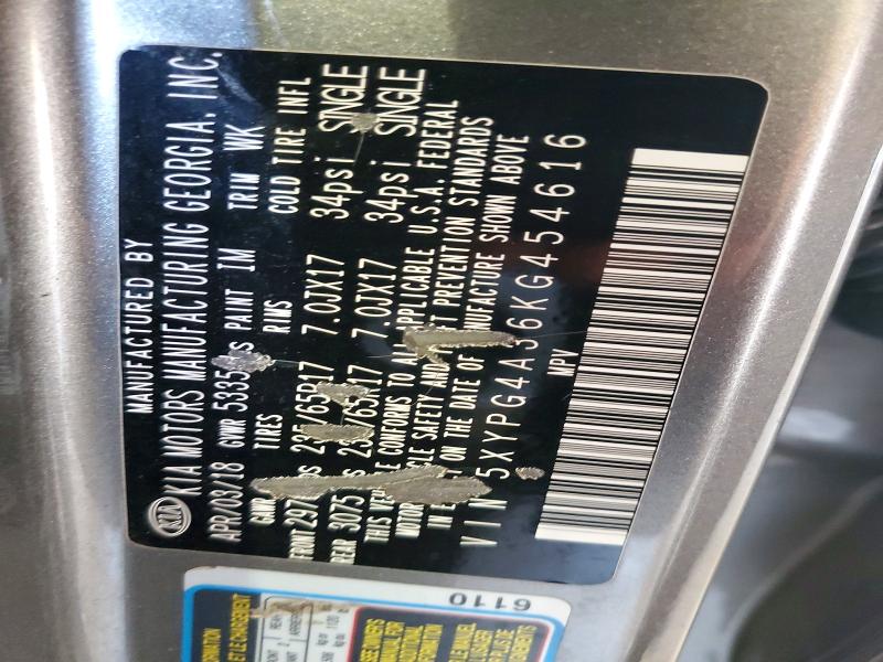 63121586 :رقم المزاد ، 5XYPG4A36KG454616 vin ، 2019 Kia Sorento مزاد بيع