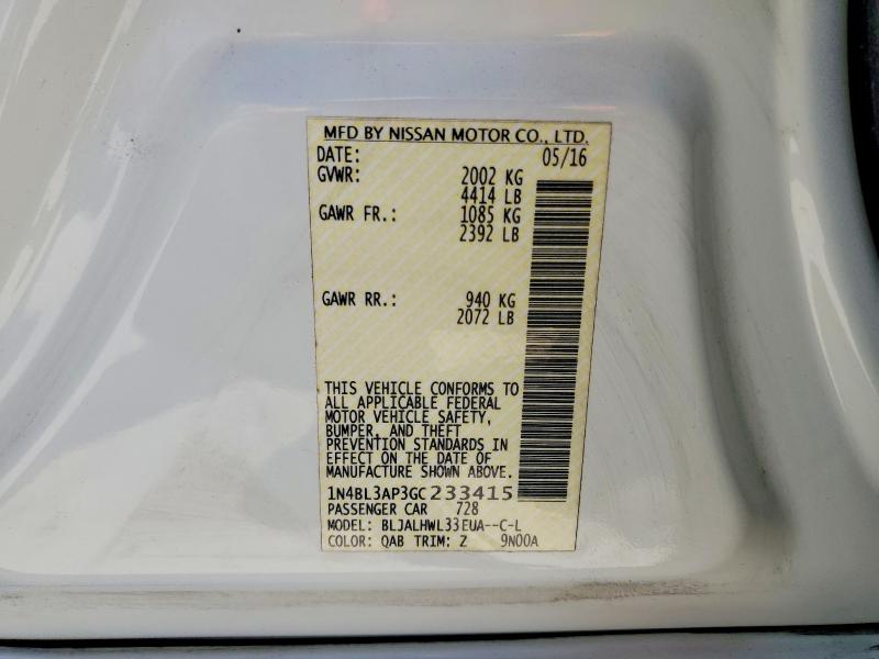 65666746 :رقم المزاد ، 1N4BL3AP3GC233415 vin ، 2016 Nissan Altima مزاد بيع