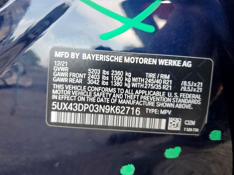 2022 Bmw X3 მანქანა იყიდება აუქციონზე, vin: 5UX43DP03N9K62716, აუქციონის ნომერი: 63650996