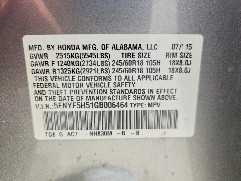 Продаж на аукціоні авто 2016 Honda Pilot, vin: 5FNYF5H51GB006464, номер лоту: 66767836