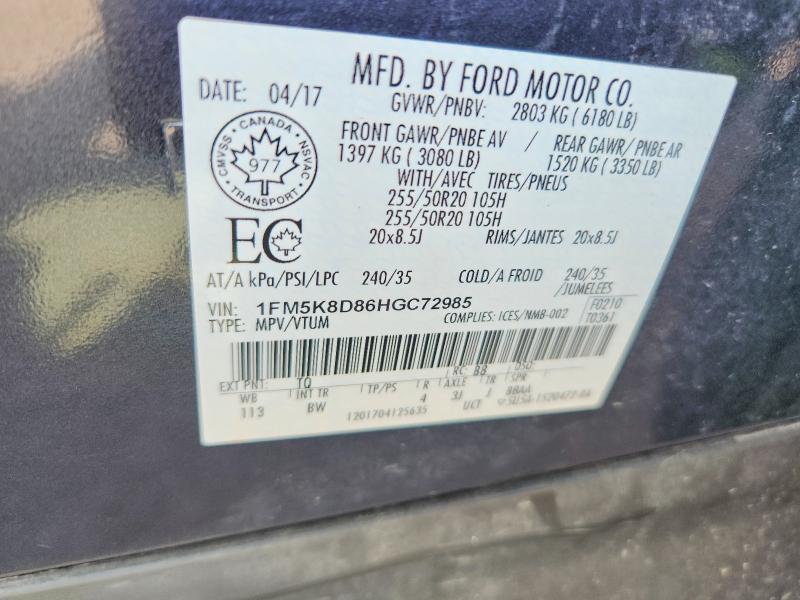Aukcja sprzedaży 2017 Ford Explorer, vin: 1FM5K8D86HGC72985, numer aukcji: 64291256