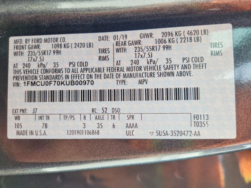 64749936 :رقم المزاد ، 1FMCU0F70KUB00970 vin ، 2019 Ford Escape مزاد بيع