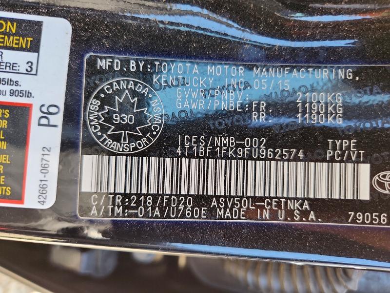 Продажа на аукционе авто 2015 Toyota Camry, vin: 4T1BF1FK9FU962574, номер лота: 65376606