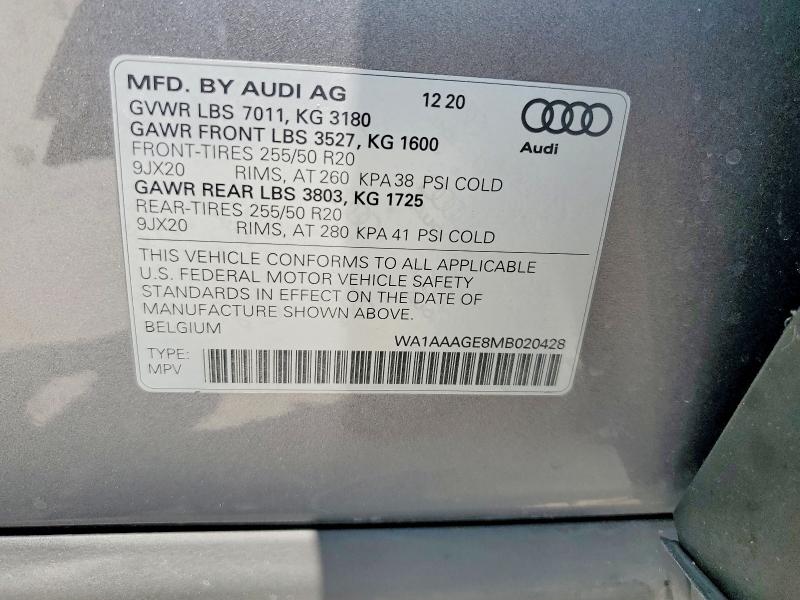 2021 Audi E-tron მანქანა იყიდება აუქციონზე, vin: WA1AAAGE8MB020428, აუქციონის ნომერი: 63642766