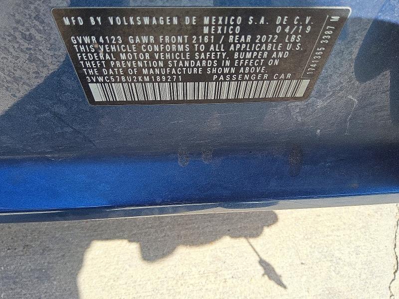 2019 Volkswagen Jetta მანქანა იყიდება აუქციონზე, vin: 3VWC57BU2KM189271, აუქციონის ნომერი: 66049926