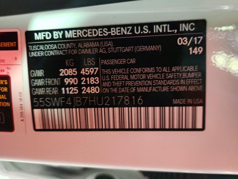2017 Mercedes-benz C მანქანა იყიდება აუქციონზე, vin: 55SWF4JB7HU217816, აუქციონის ნომერი: 63382516