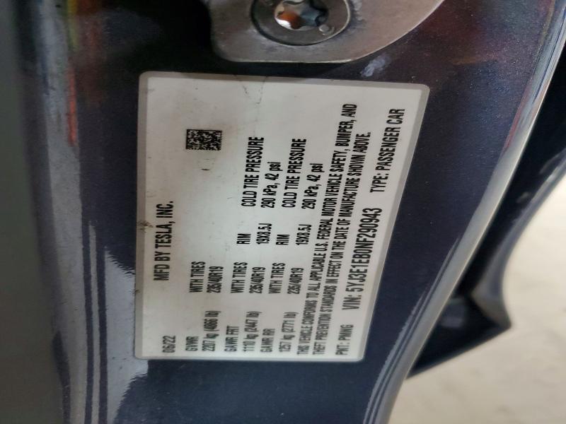 2022 Tesla Model 3 მანქანა იყიდება აუქციონზე, vin: 5YJ3E1EB0NF290943, აუქციონის ნომერი: 63949286