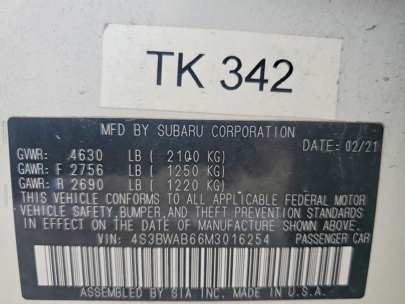 Продаж на аукціоні авто 2021 Subaru Legacy, vin: 4S3BWAB66M3016254, номер лоту: 63560726