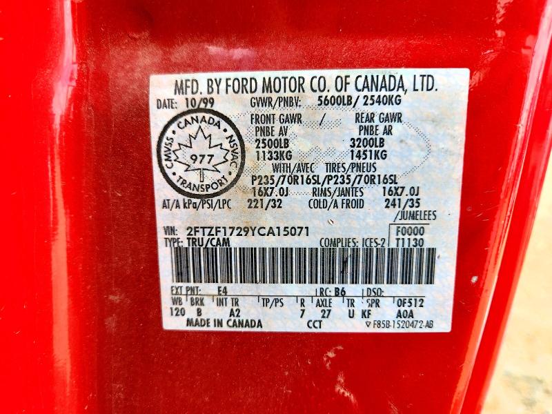 61410366 :رقم المزاد ، 2FTZF1729YCA15071 vin ، 2000 Ford F150 مزاد بيع