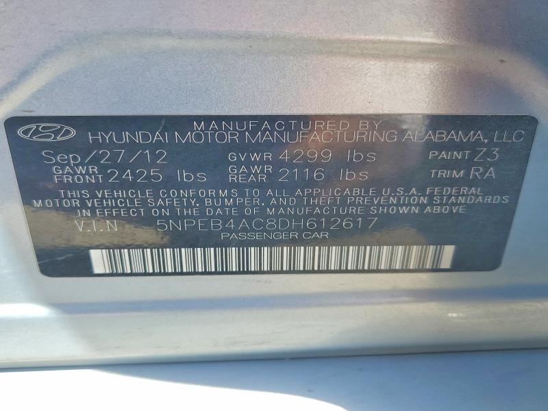 2013 Hyundai Sonata მანქანა იყიდება აუქციონზე, vin: 5NPEB4AC8DH612617, აუქციონის ნომერი: 62878786