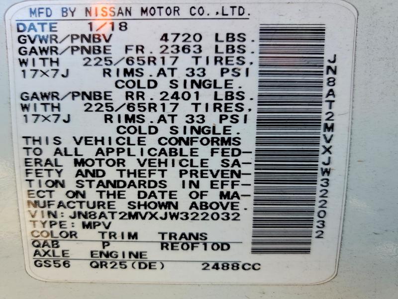 2018 Nissan Rogue მანქანა იყიდება აუქციონზე, vin: JN8AT2MVXJW322032, აუქციონის ნომერი: 64011066