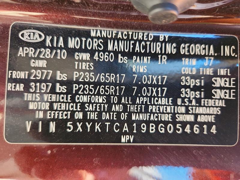 Aukcja sprzedaży 2011 Kia Sorento, vin: 5XYKTCA19BG054614, numer aukcji: 66060006