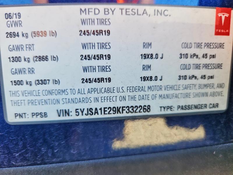 61451796 :رقم المزاد ، 5YJSA1E29KF332268 vin ، 2019 Tesla Model S مزاد بيع