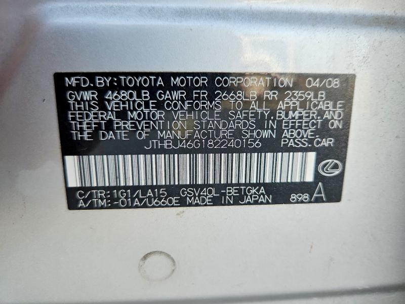 Aukcja sprzedaży 2008 Lexus Es, vin: JTHBJ46G182240156, numer aukcji: 65239056