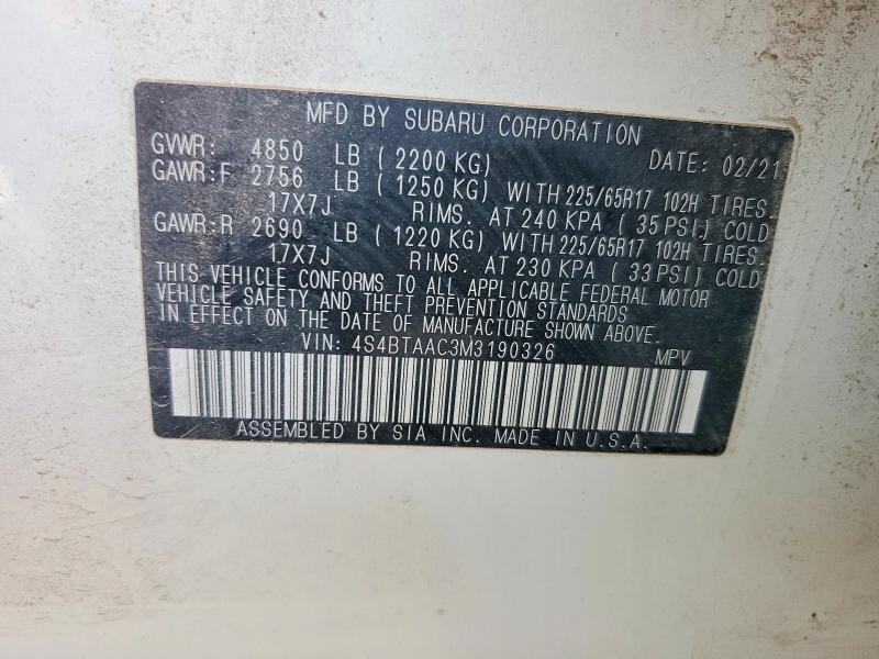 65246876 :رقم المزاد ، 4S4BTAAC3M3190326 vin ، 2021 Subaru Outback مزاد بيع
