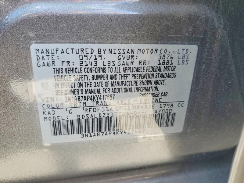 66898016 :رقم المزاد ، 3N1AB7AP4KY417667 vin ، 2019 Nissan Sentra مزاد بيع