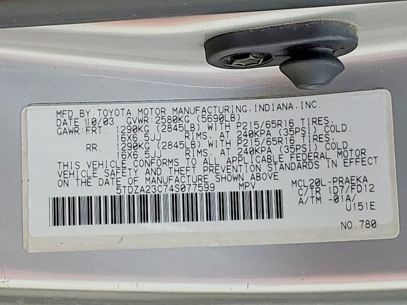 Aukcja sprzedaży 2004 Toyota Sienna, vin: 5TDZA23C74S077599, numer aukcji: 64298206