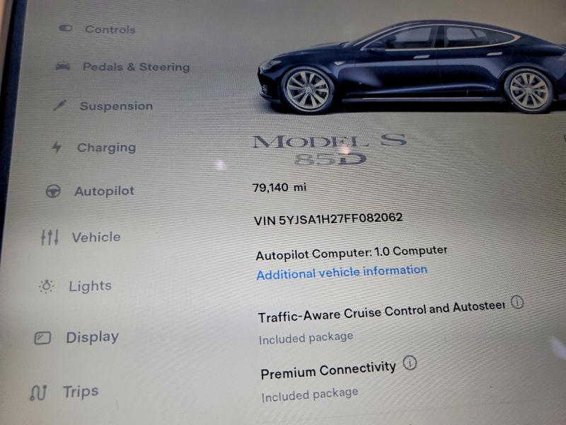 2015 Tesla Model S მანქანა იყიდება აუქციონზე, vin: 5YJSA1H27FF082062, აუქციონის ნომერი: 64305396