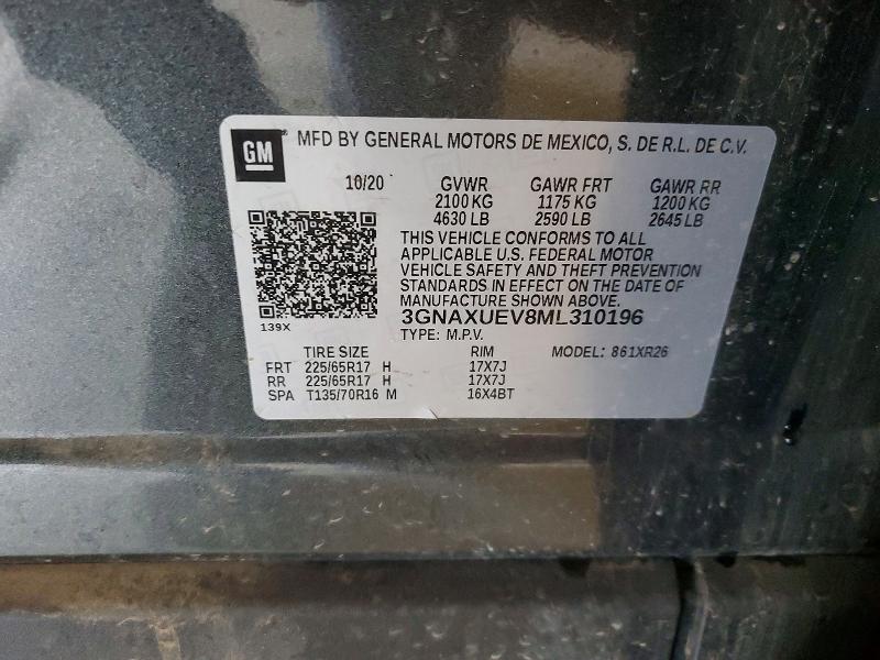 2021 Chevrolet Equinox მანქანა იყიდება აუქციონზე, vin: 3GNAXUEV8ML310196, აუქციონის ნომერი: 66005256