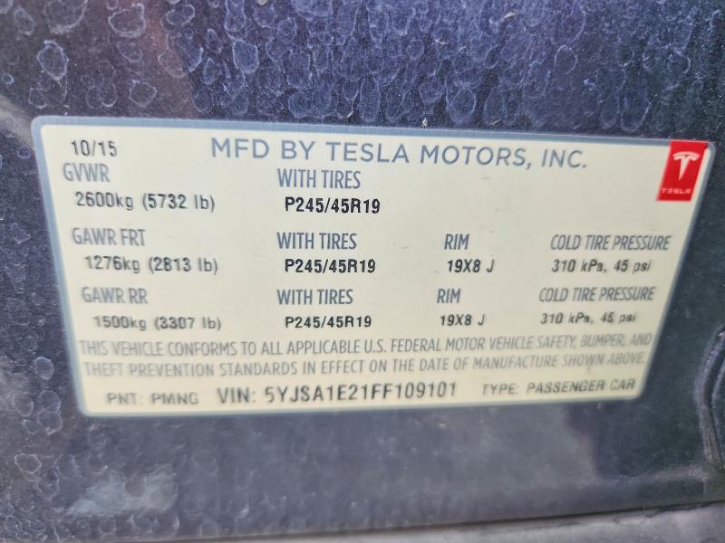 2015 Tesla Model S მანქანა იყიდება აუქციონზე, vin: 5YJSA1E21FF109101, აუქციონის ნომერი: 63154076