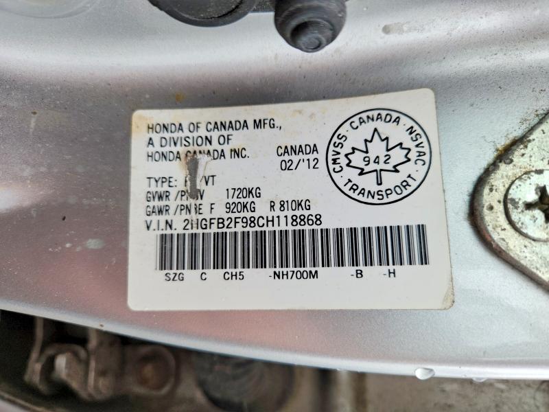65131736 :رقم المزاد ، 2HGFB2F98CH118868 vin ، 2012 Honda Civic مزاد بيع