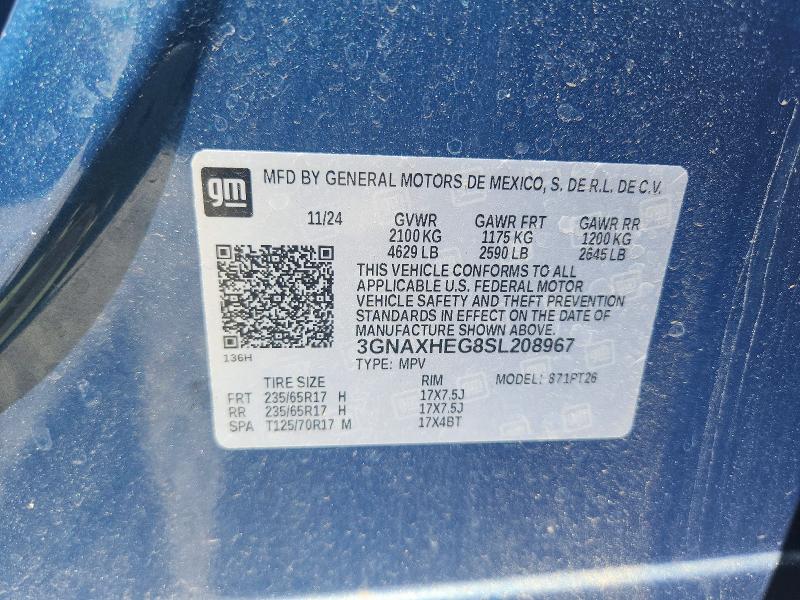 2025 Chevrolet Equinox მანქანა იყიდება აუქციონზე, vin: 3GNAXHEG8SL208967, აუქციონის ნომერი: 64739676