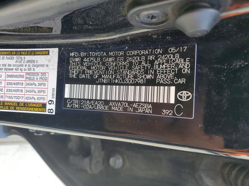 Aukcja sprzedaży 2018 Toyota Camry, vin: JTNB11HK0J3007981, numer aukcji: 64614946