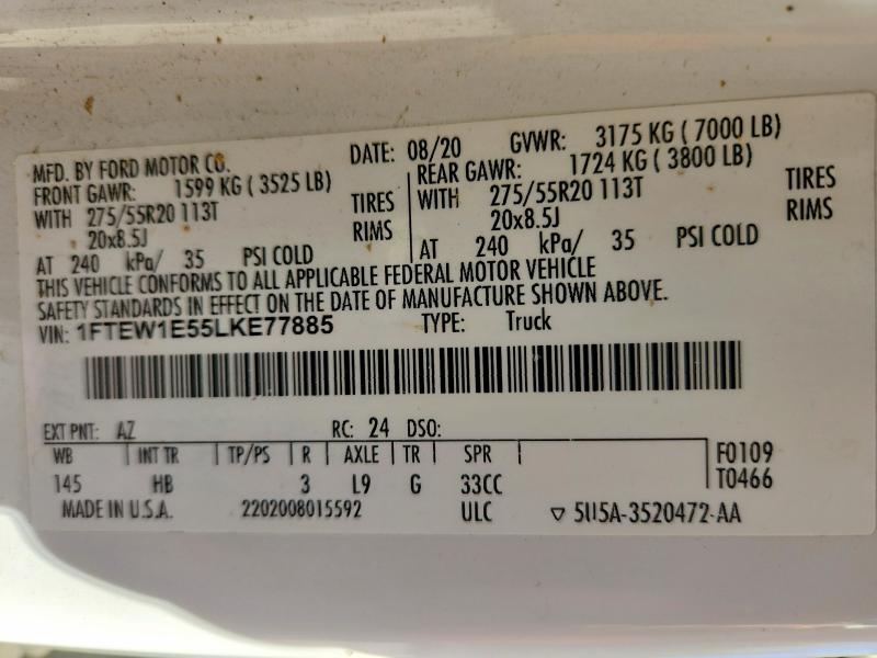 2020 Ford F150 მანქანა იყიდება აუქციონზე, vin: 1FTEW1E55LKE77885, აუქციონის ნომერი: 64827666