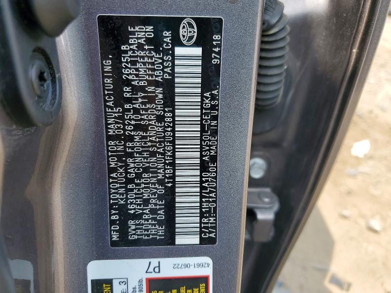 2015 Toyota Camry მანქანა იყიდება აუქციონზე, vin: 4T1BF1FK6FU942881, აუქციონის ნომერი: 66193316